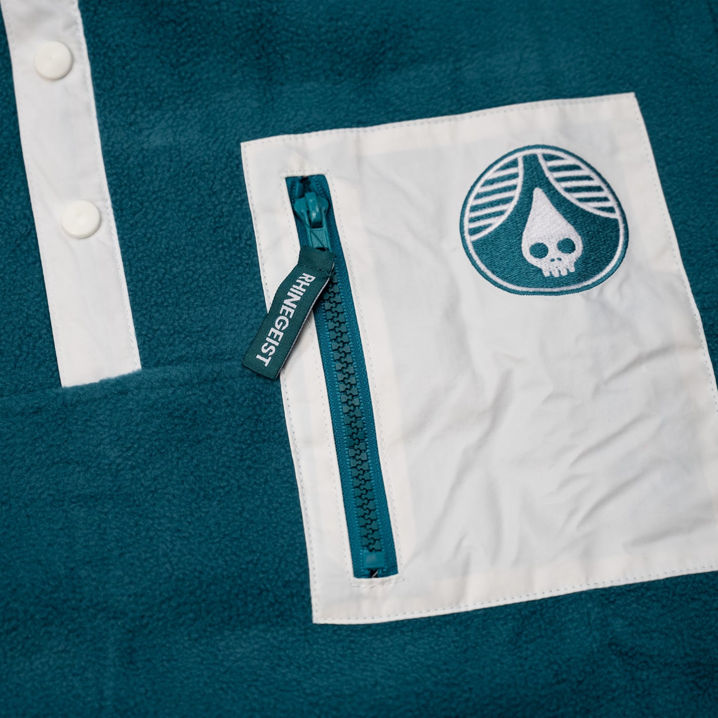 Teal White Zip Pocket Pullover Fleece