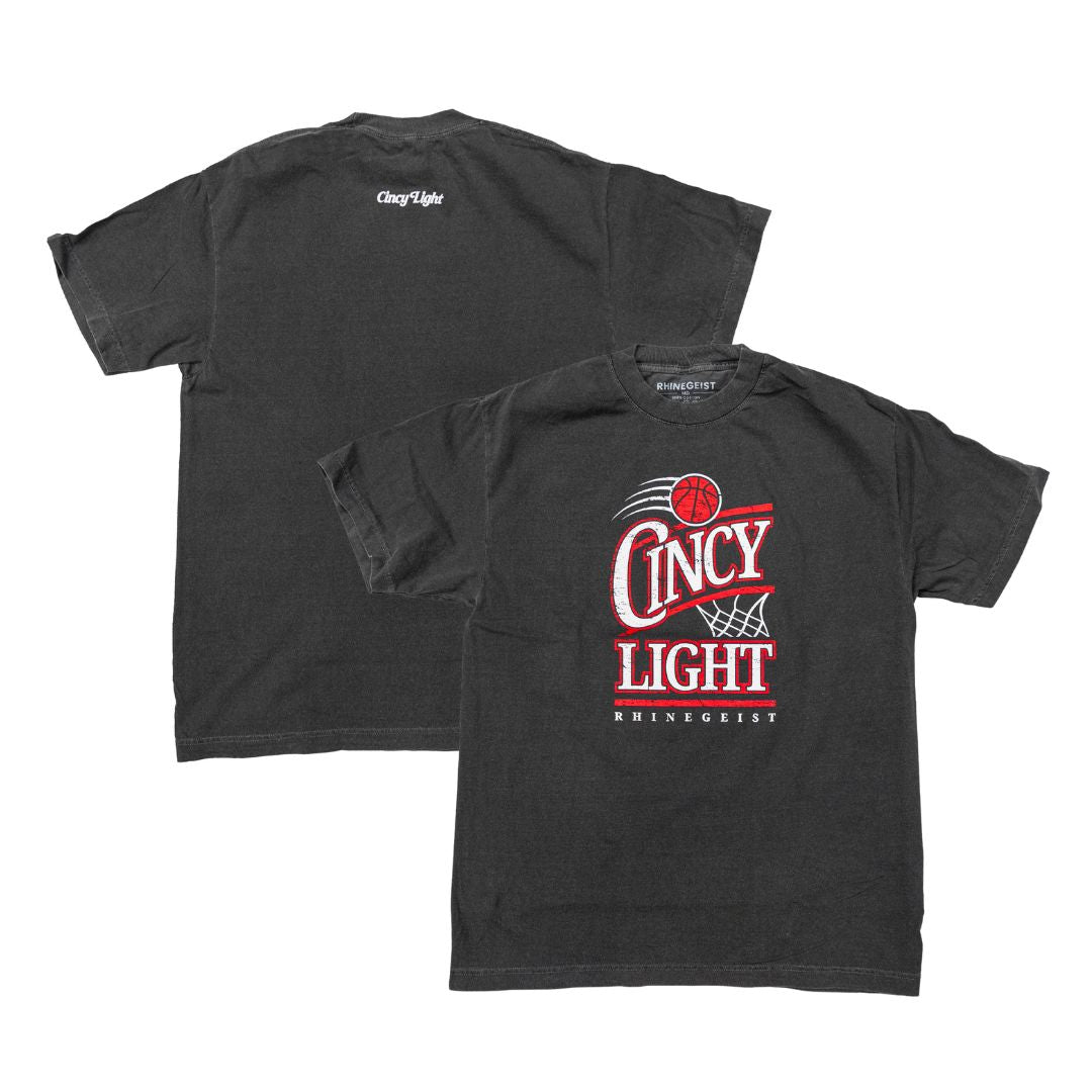 Black t-shirt with 'Cincy Light' graphic on a white background