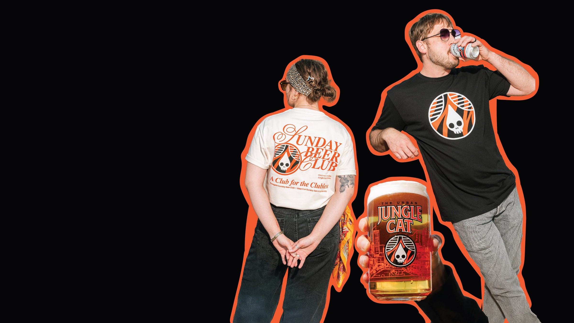 Two models wearing matching graphic t-shirts from Junk Cat x Sunday Beer Club, shown from the back and front against a solid black background. One model holds a can of Junk Cat Club.