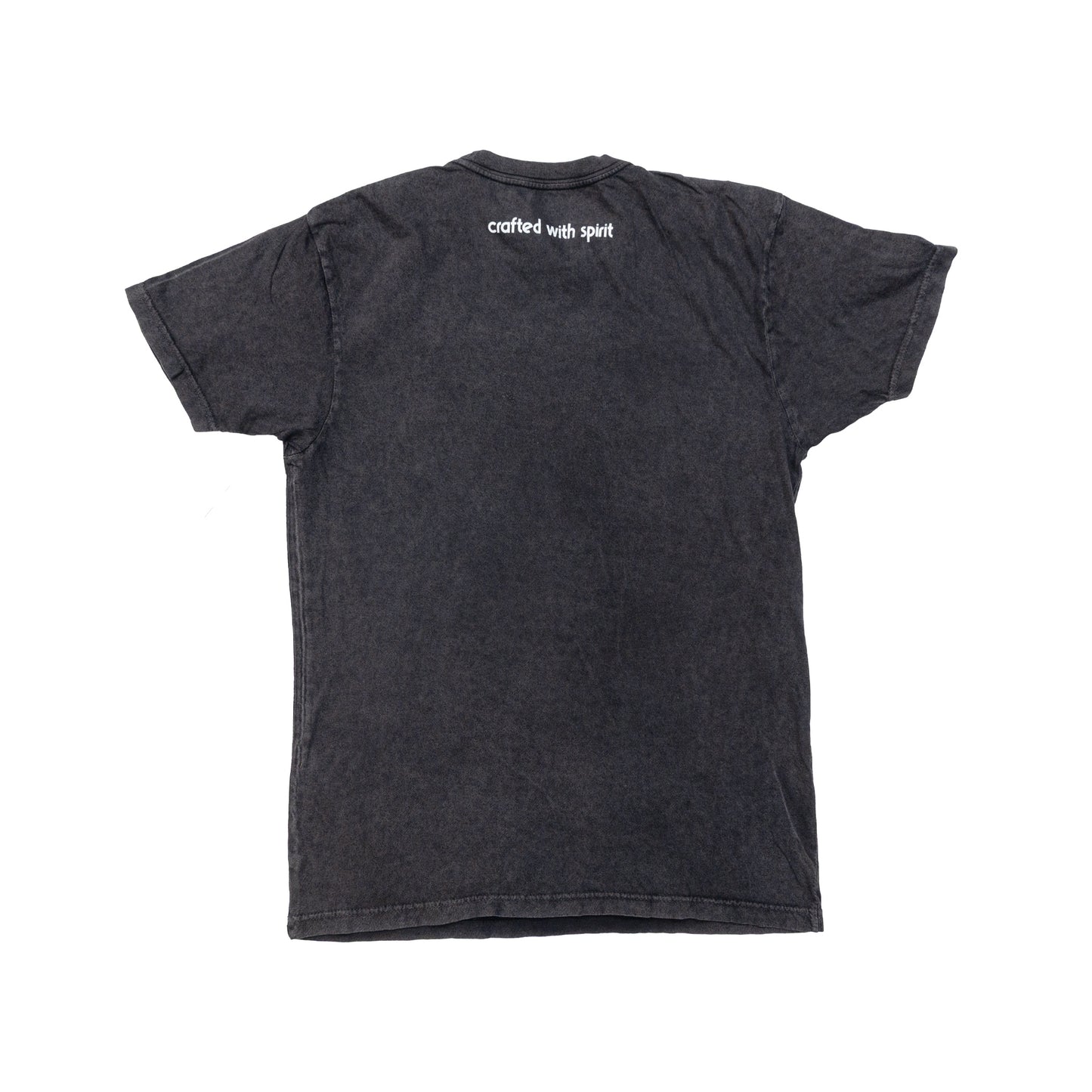 Black t-shirt with 'Crafted with Spirit' text on a white background