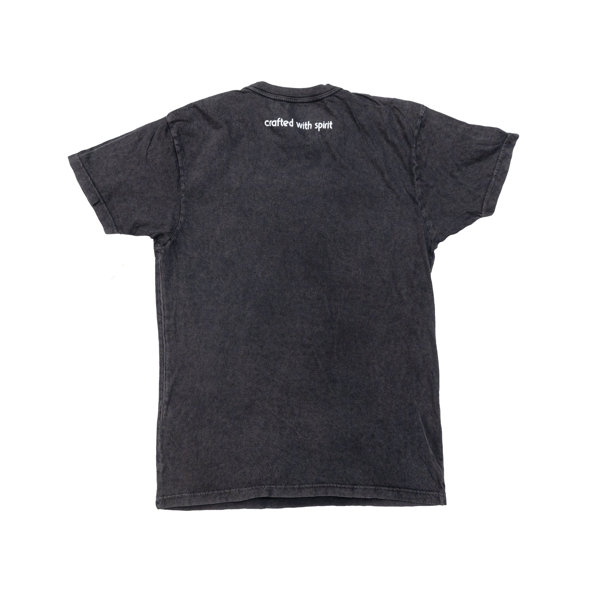 Black t-shirt with 'Crafted with Spirit' text on a white background
