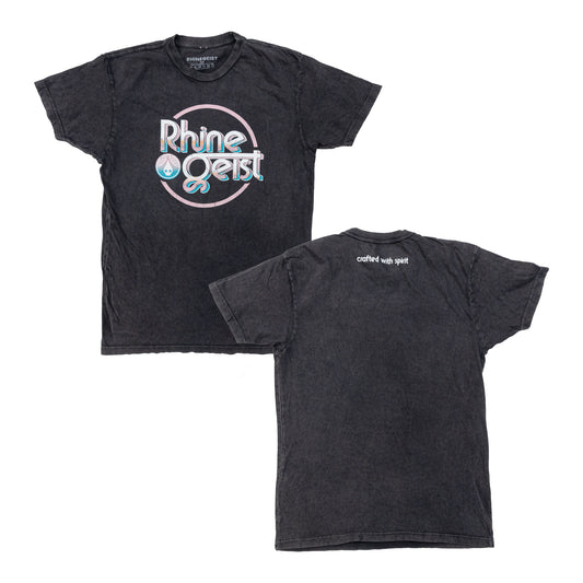 Black t-shirt with 'Rhinegeist' logo on front and text on back, displayed on a white background.